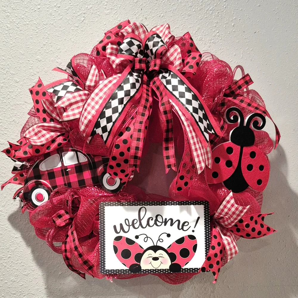 Wreath Welcome Ladybug love bug car black red polkadots buffalo checker Summer